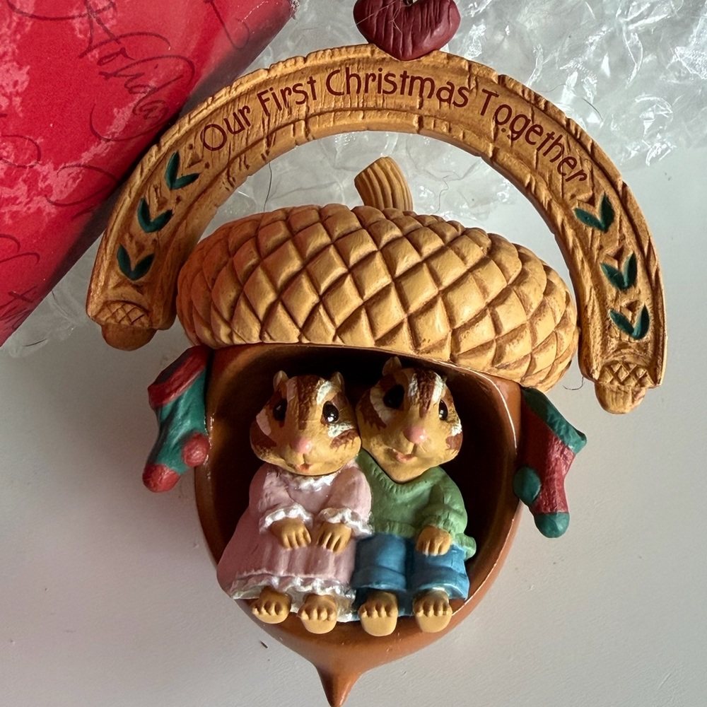 Hallmark First Christmas ornament chipmunk couple in acorn 1997